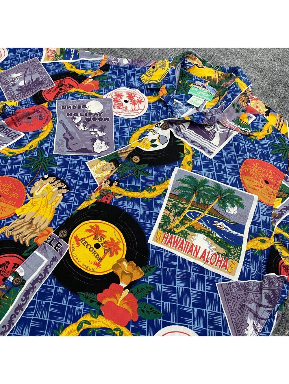 VTG Reyn Spooner Hawaiian Aloha Shirt Mens S Holiday Voyage Vinyl Records AOP